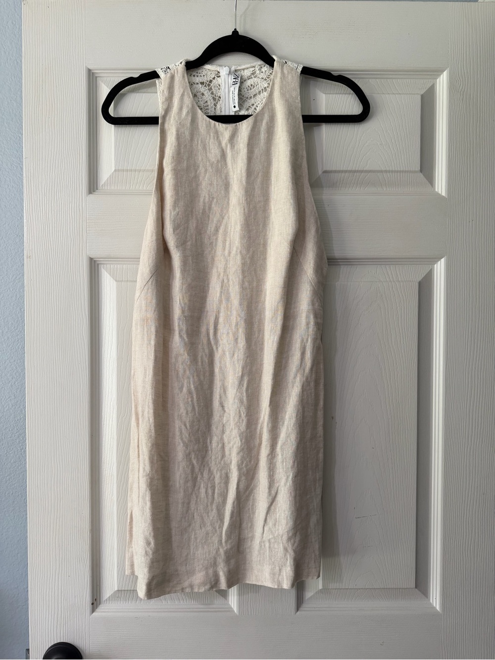 Zara Cream Sleeveless Linen-Blend Mini Dress with Lace Back